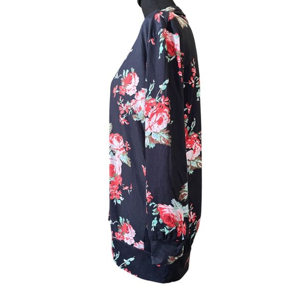 black floral draped lightweight long sleeve open cardigan small rose print - Picture 2 of 6
